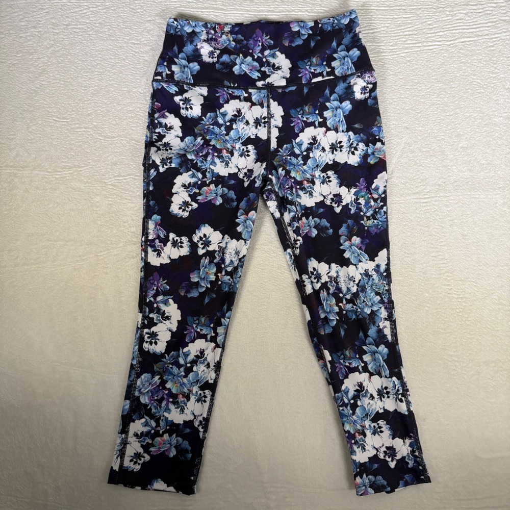 Reel Legends Elite Comfort Floral High Rise Cropped Leggings Blue White Womens M